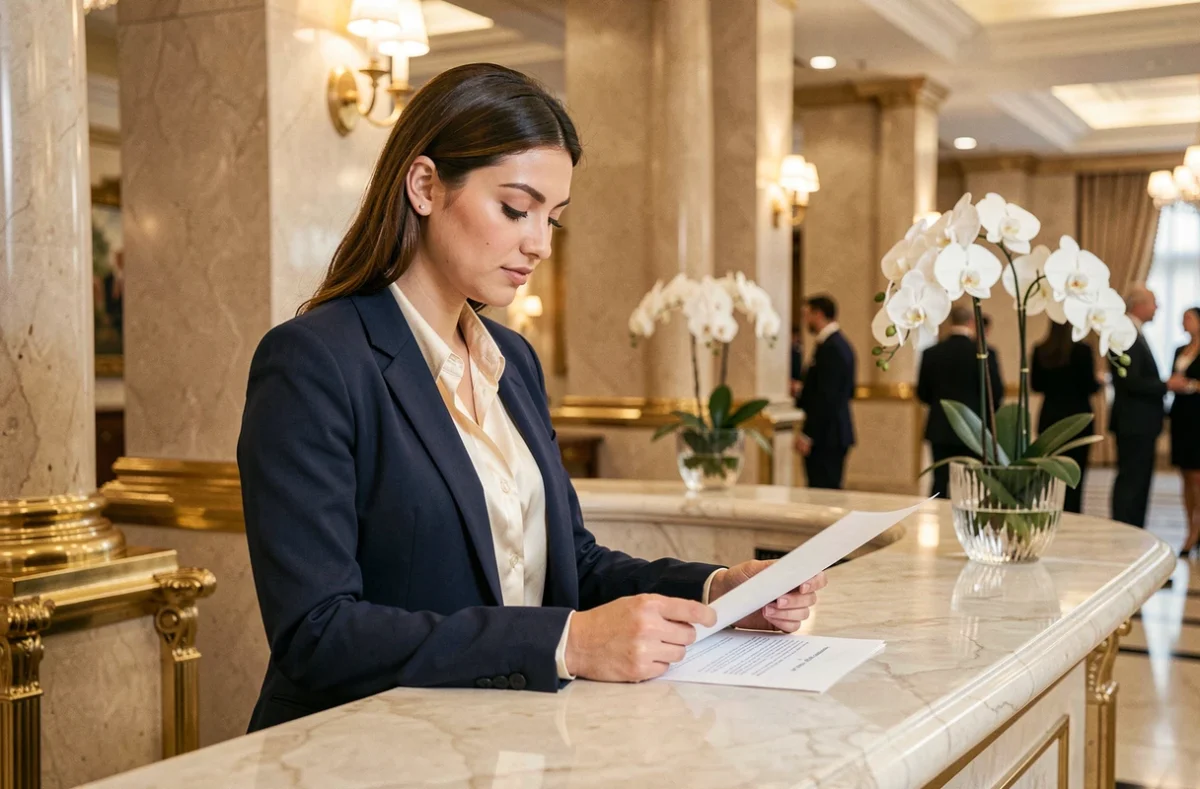 Jeune diplômée en tourisme travaillant à la réception d'un hôtel de luxe 5 étoiles après son BTS Tourisme