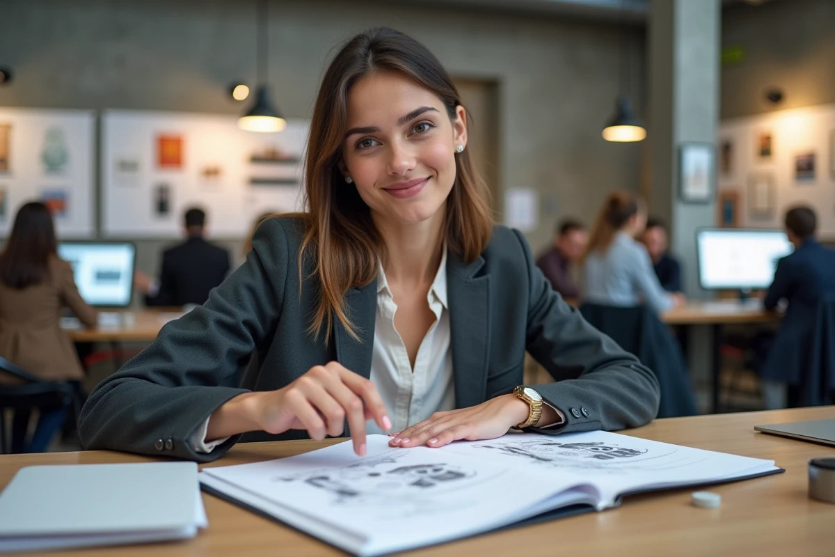 Jeune diplômée en design consultant son portfolio lors d'un stage en agence créative