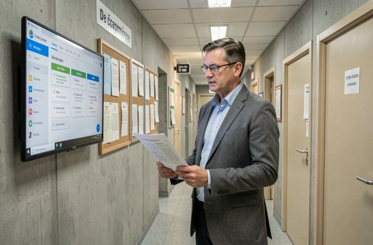 Directeur d'école consultant un tableau de bord académique dans un couloir administratif scolaire