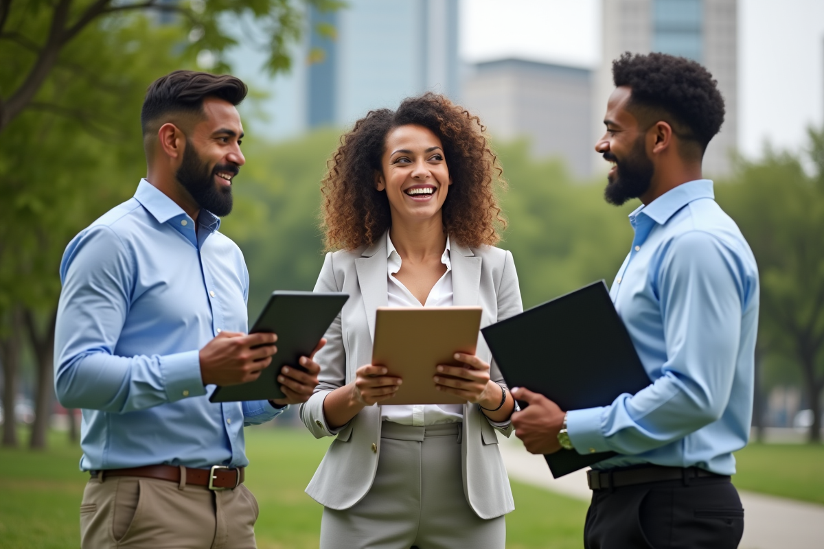 Groupe de professionnels discutant dans un parc urbain