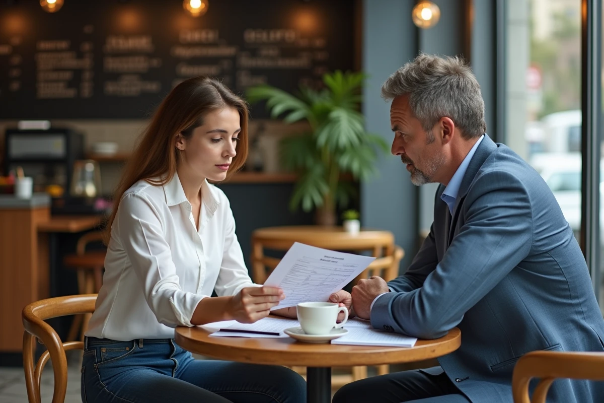 Deux professionnels discutant des tarifs d'un programme de formation dans un café urbain