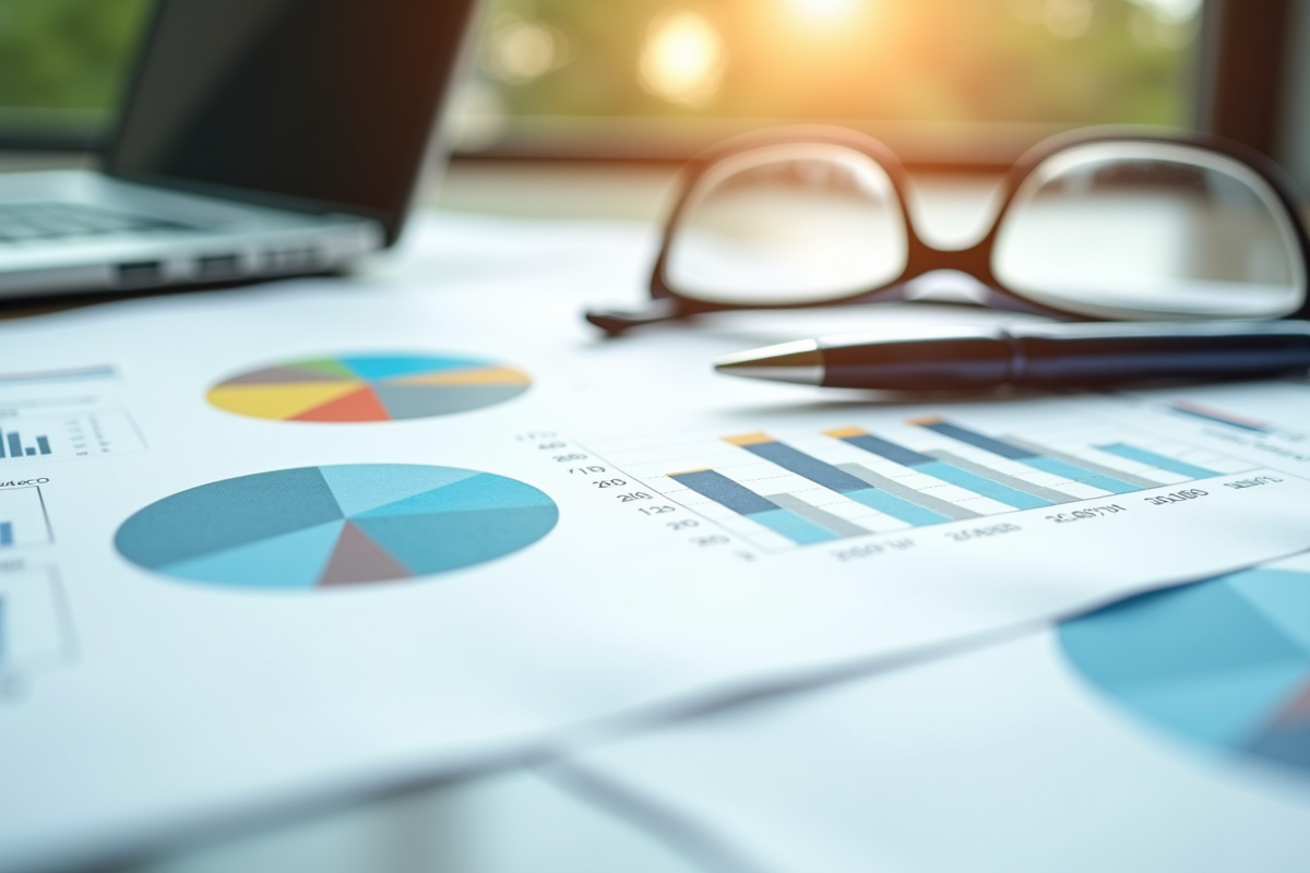 Documents comptables organisés avec graphiques et lunettes