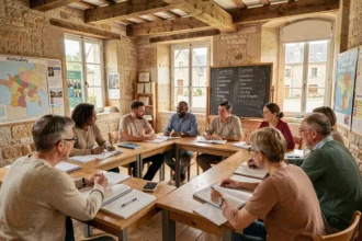 Groupe d'adultes étudiant des langues étrangères dans une salle de classe moderne en Normandie, avec des cartes et des affiches pédagogiques au mur
