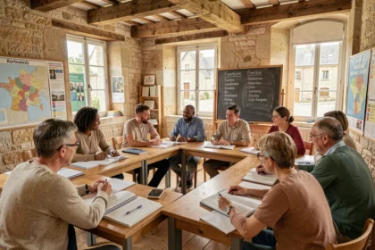 Groupe d'adultes étudiant des langues étrangères dans une salle de classe moderne en Normandie, avec des cartes et des affiches pédagogiques au mur