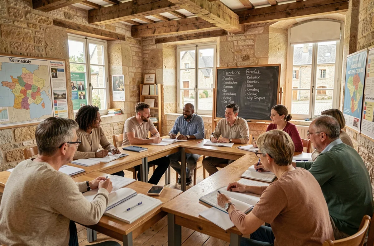 Groupe d'adultes étudiant des langues étrangères dans une salle de classe moderne en Normandie, avec des cartes et des affiches pédagogiques au mur