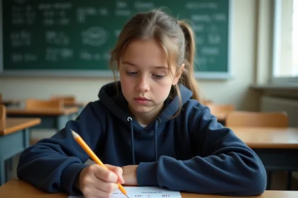 Élève de collège travaillant sur un exercice de puissances de 10 imprimé en classe