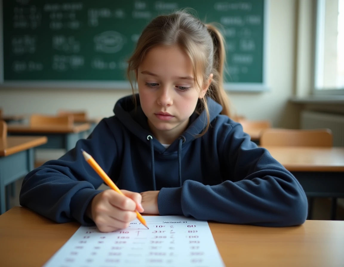 Élève de collège travaillant sur un exercice de puissances de 10 imprimé en classe