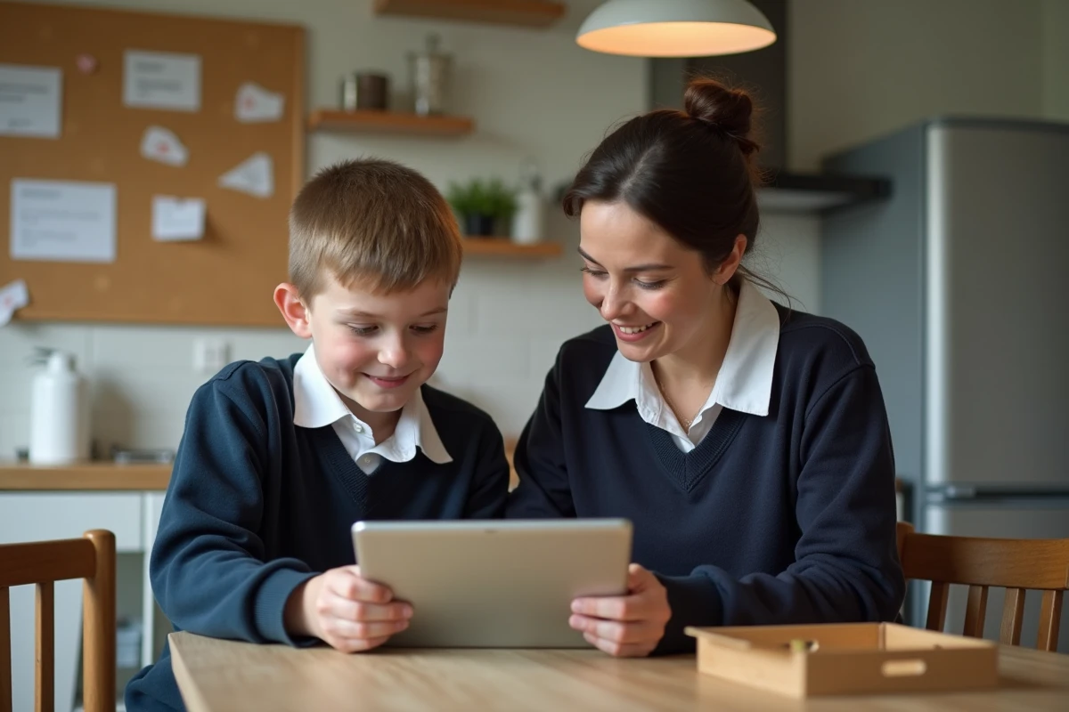 Adolescent et mère regardant une tablette à la maison