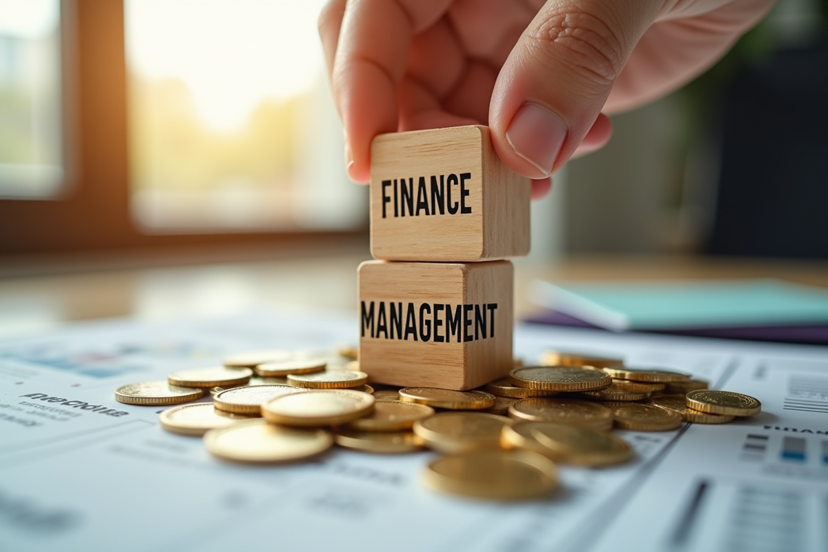 Main empilant des blocs finance et management sur des pièces d