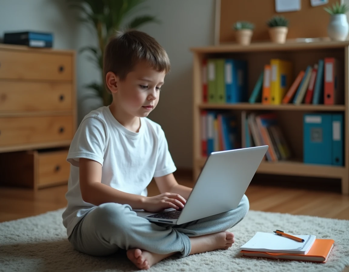 Jeune élève faisant des exercices interactifs sur les puissances de 10 en ligne sur un ordinateur portable
