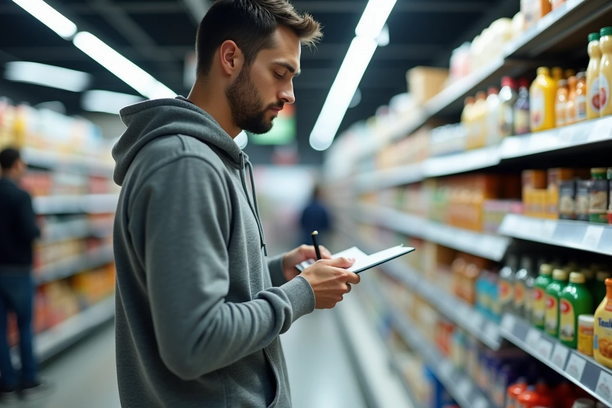 Homme comparant les prix en supermarché avec une liste de courses, symbolisant les contraintes financières d'un enseignant débutant