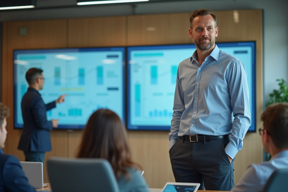 Enseignant homme devant un grand écran interactif