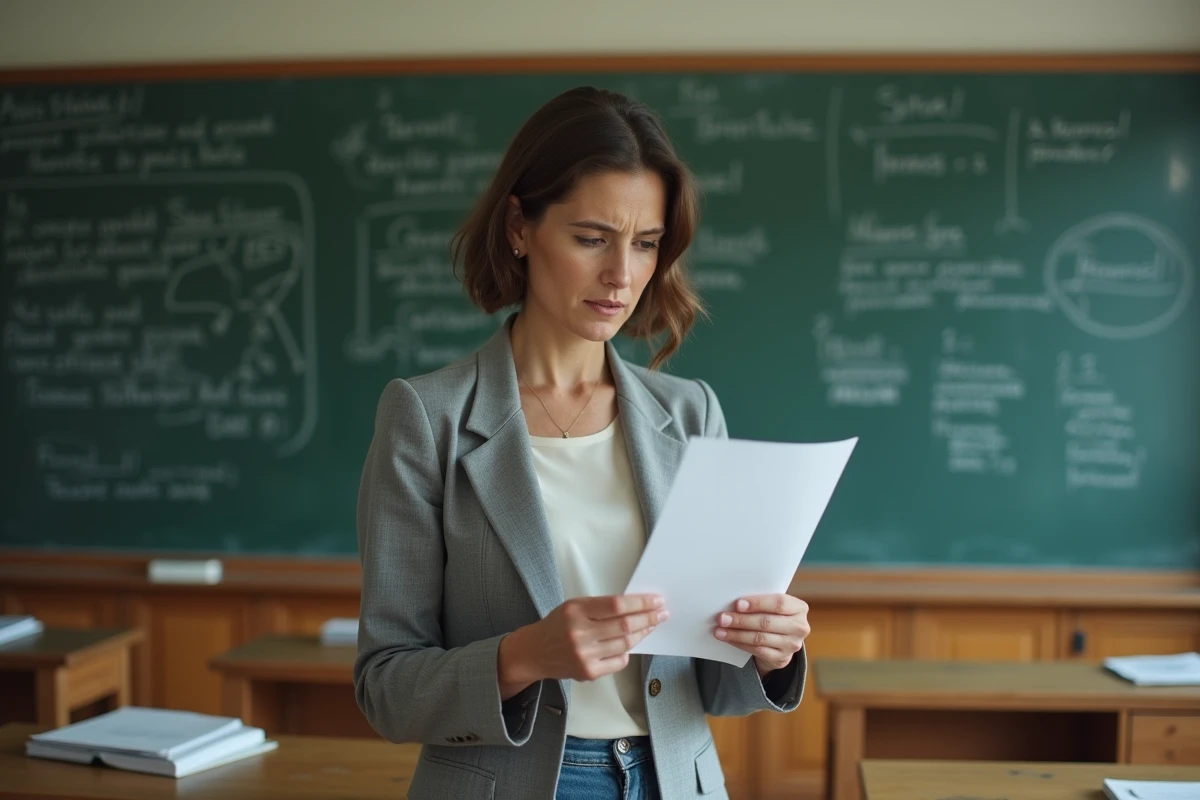 Enseignante tenant un document officiel dans une salle de classe, illustrant l'inquiétude face à la fin du Pacte enseignant 2026 et ses conséquences salariales