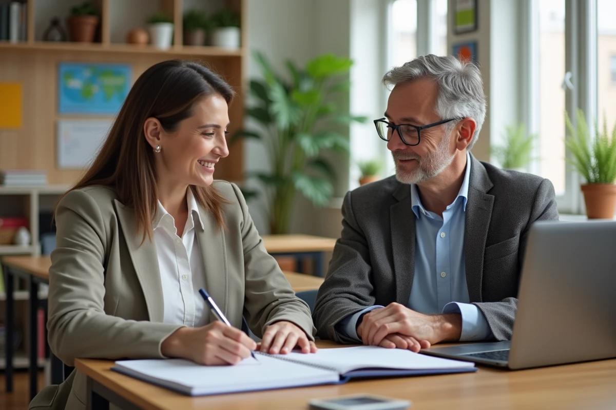 Professeure souriante avec parent dans un bureau moderne