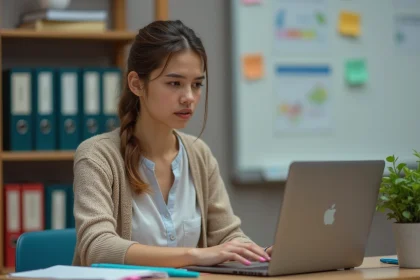 Enseignante femme au bureau dans une classe moderne