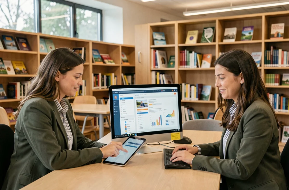 Deux enseignantes comparant les interfaces IProf et Arena académique sur tablette et ordinateur dans un CDI