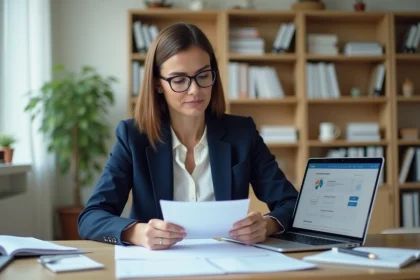 Femme entrepreneur évaluant les prix d'une formation business en ligne sur son bureau à domicile