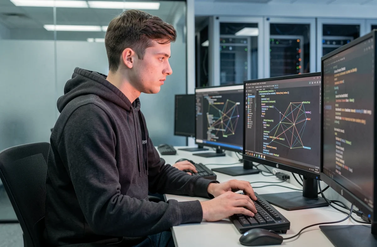 Étudiant en alternance informatique et numérique devant des écrans de code dans un laboratoire informatique à Epitech Toulouse