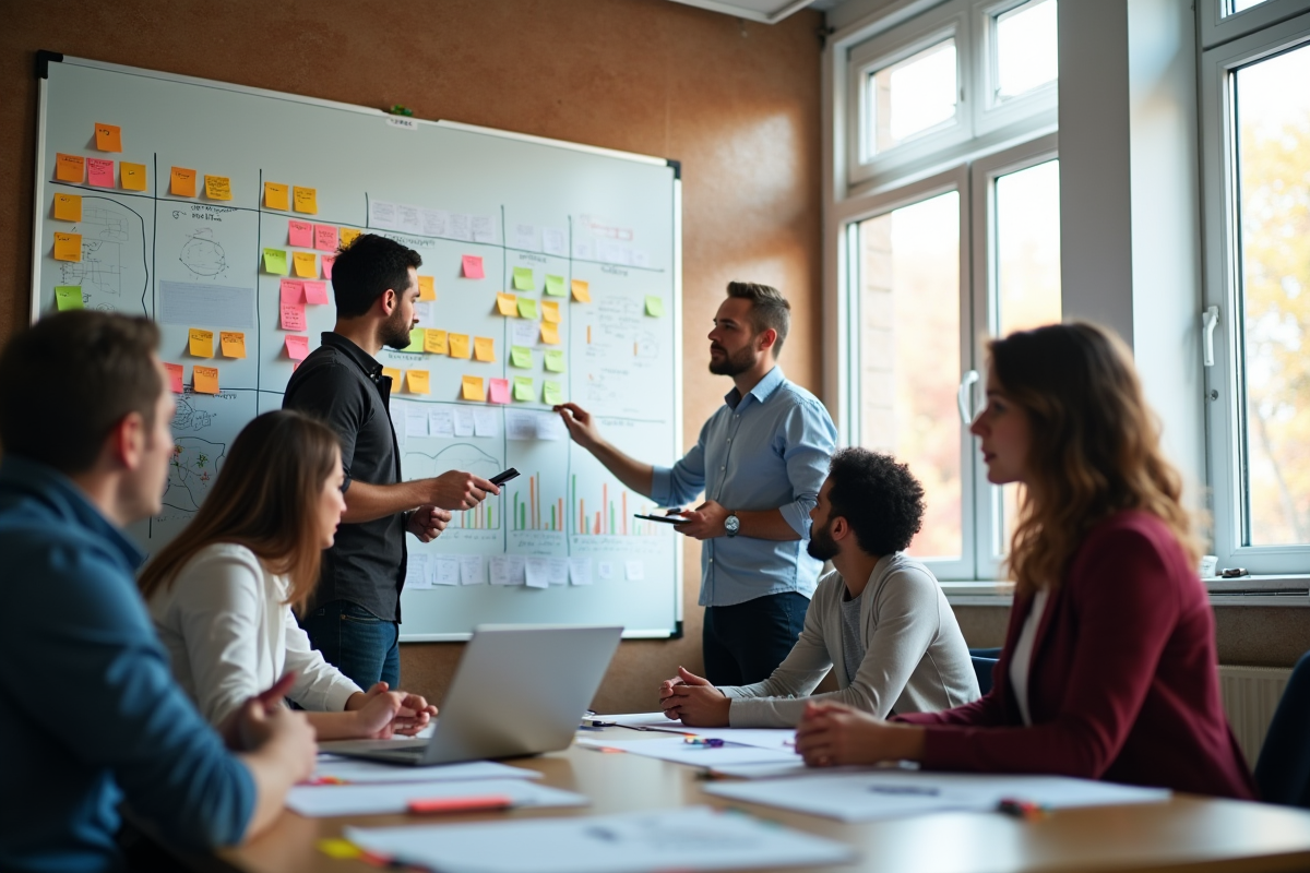 Équipe diversifiée en brainstorming avec tableau de notes colorées