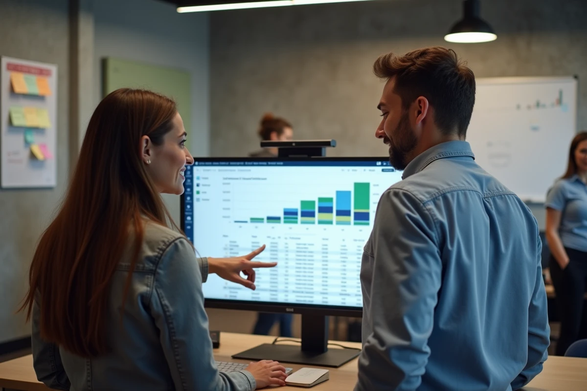 Équipe professionnelle discutant des tarifs d'une solution IA marketing devant un écran en espace de coworking