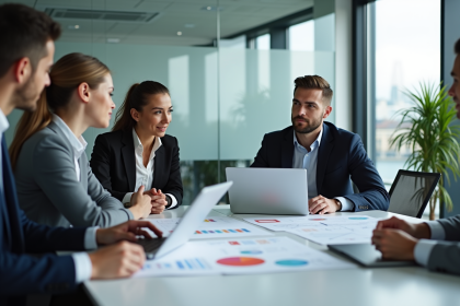 Groupe de professionnels en réunion autour d'une table moderne
