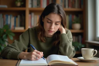 Jeune femme étudiant les questions du permis de conduire avec un manuel et des notes manuscrites sur un bureau en bois