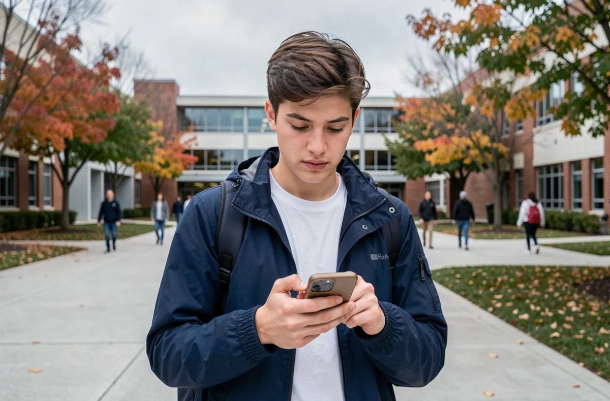 Étudiant accédant à son ENT depuis son téléphone sur un campus universitaire en automne