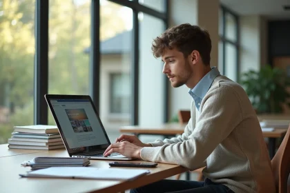 Jeune &eacute;tudiant universitaire travaillant sur un ordinateur portable &agrave; Bordeaux INP