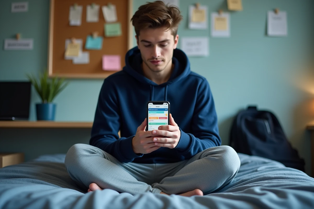 Étudiant consultant son calendrier académique sur smartphone pour gérer ses échéances de devoirs dans sa chambre universitaire