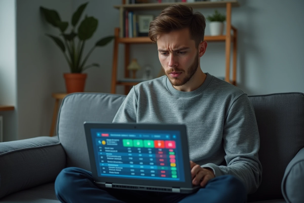 Étudiant consultant son classement SIGEM 2026 sur ordinateur portable dans un appartement étudiant moderne