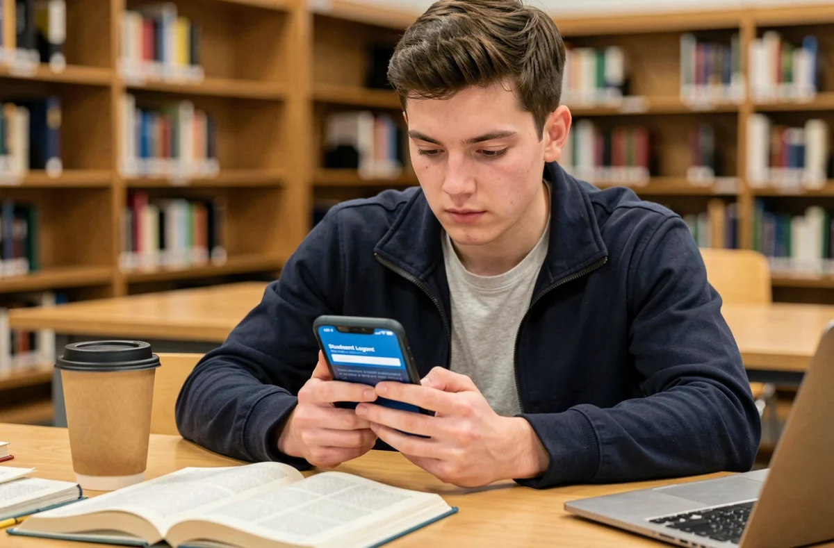 Étudiant utilisant son smartphone pour se connecter à l'espace numérique étudiant MyCampus dans une bibliothèque universitaire