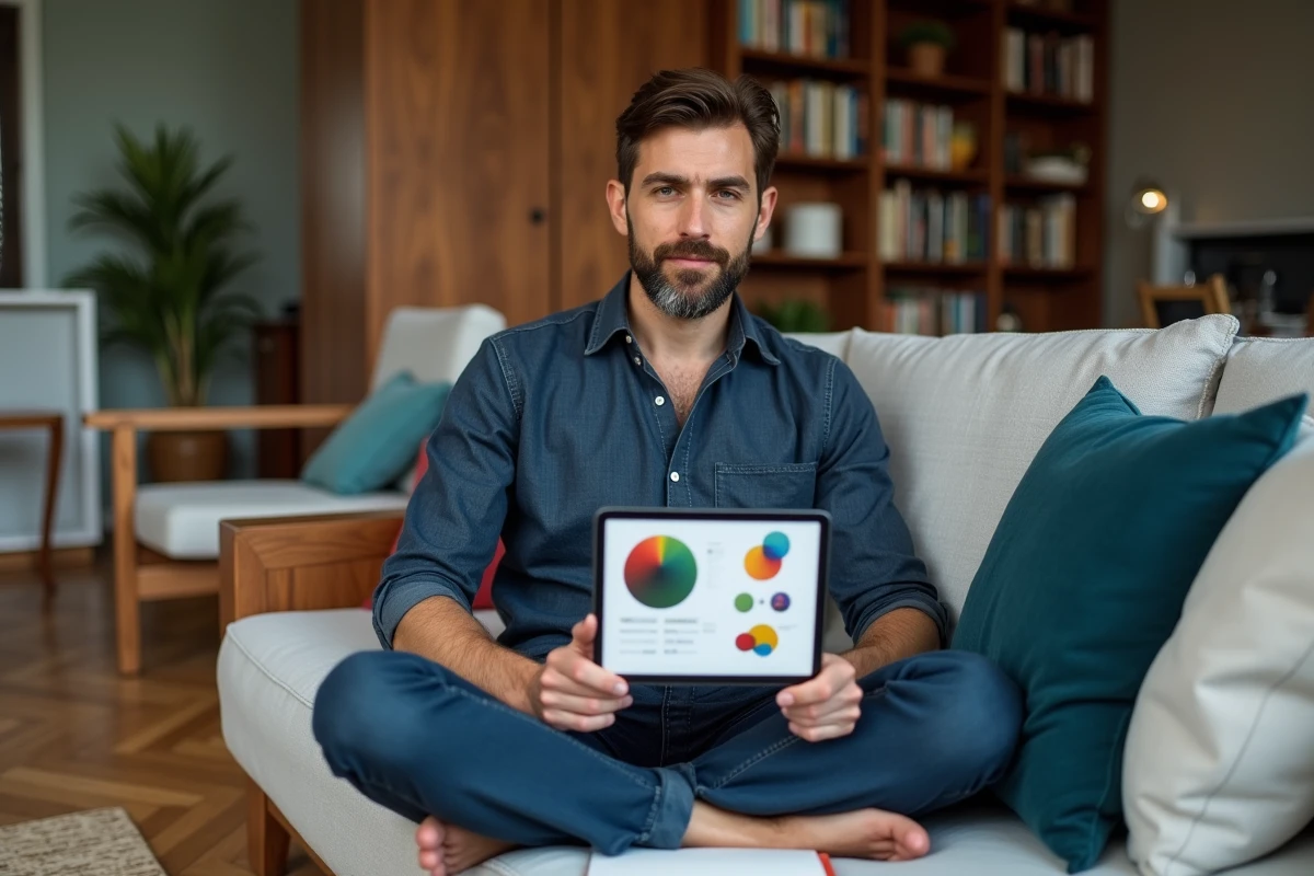 Homme étudiant un cours de décoration d'intérieur sur tablette dans un appartement moderne au style contemporain