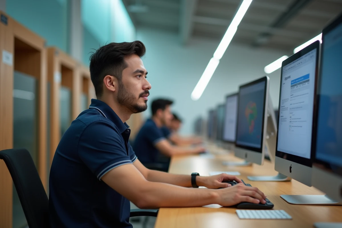Étudiant naviguant sur un portail ECampus universitaire dans une bibliothèque moderne pour accéder à ses évaluations