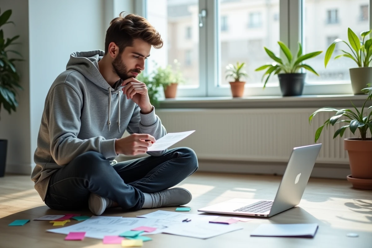 &Eacute;tudiant organisant ses exemples de dissertation sur le sol de son appartement avec des fiches