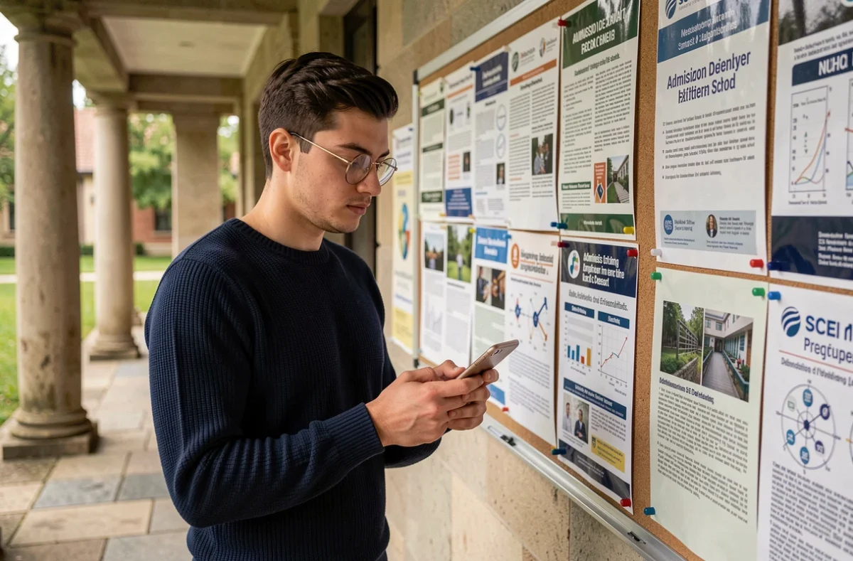 Étudiant consultant les informations SCEI et les délais d'inscription aux concours d'ingénieurs sur un panneau d'affichage universitaire