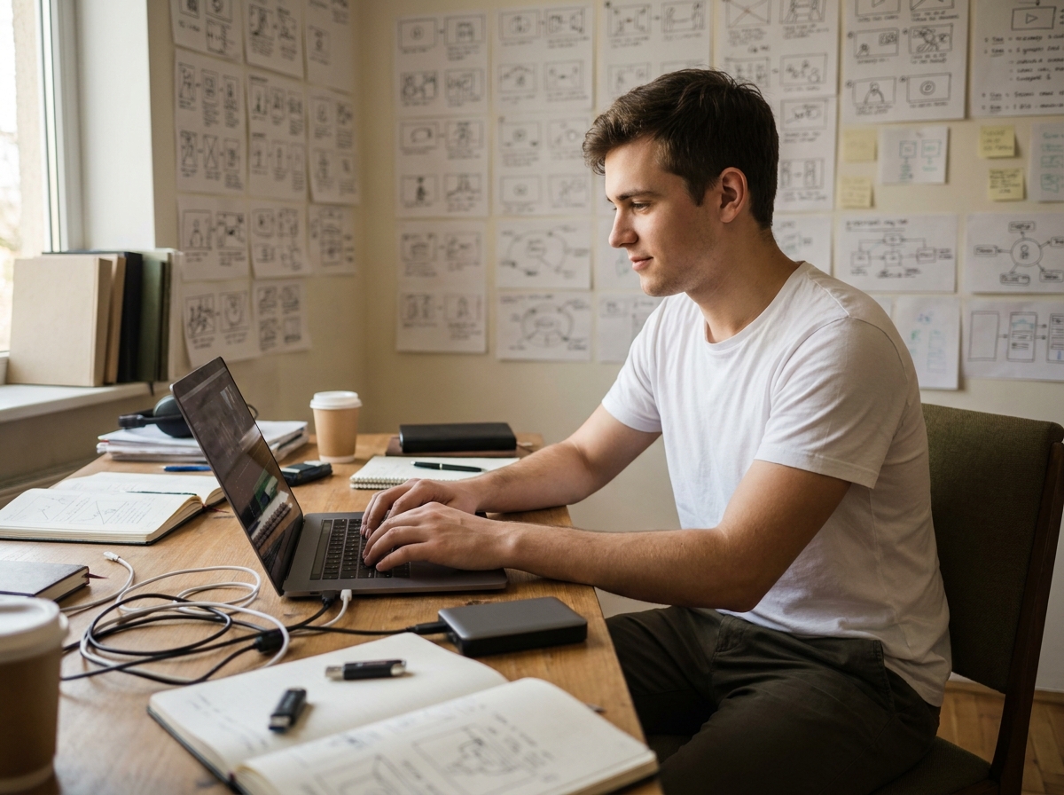 Étudiant en audiovisuel travaillant sur son portfolio vidéo dans un espace de travail créatif pour intégrer une école sans Parcoursup