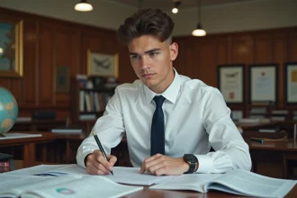 Étudiant préparant le concours cadet d'Air France dans une salle d'étude avec des manuels d'aviation et des cartes aéronautiques