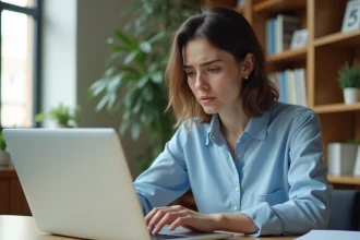 Étudiante universitaire tentant de résoudre un problème de mot de passe sur son ordinateur portable dans un bureau académique