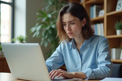 Étudiante universitaire tentant de résoudre un problème de mot de passe sur son ordinateur portable dans un bureau académique