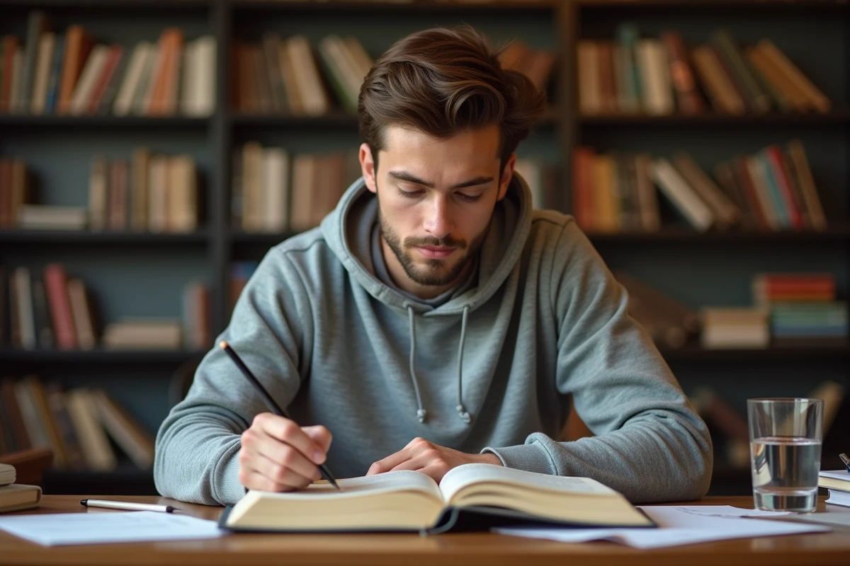 Étudiant adulte révisant la conjugaison des verbes du 3ème groupe en ir dans un manuel de grammaire française à la bibliothèque