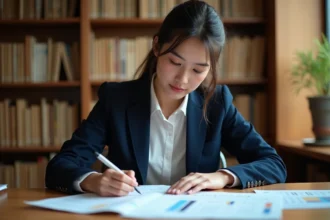 Étudiante analysant les classements SIGEM et écarts de points sur des documents imprimés dans une bibliothèque universitaire