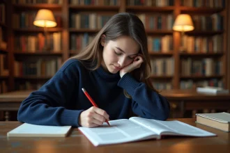 Étudiante annotant une dissertation dans une bibliothèque universitaire pour éviter les hors-sujets