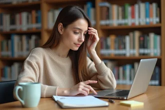 Étudiante utilisant une application de gestion de devoirs sur son ordinateur portable dans une bibliothèque universitaire moderne