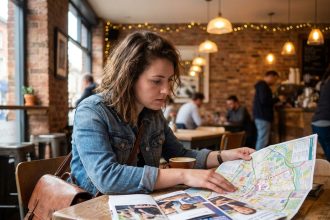 Jeune étudiante étudiant des brochures d'écoles de cinéma et une carte de villes dans un café urbain