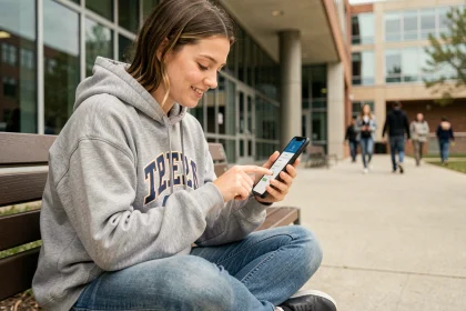 Étudiante connectée au portail MyCampus sur son smartphone en extérieur sur un campus universitaire