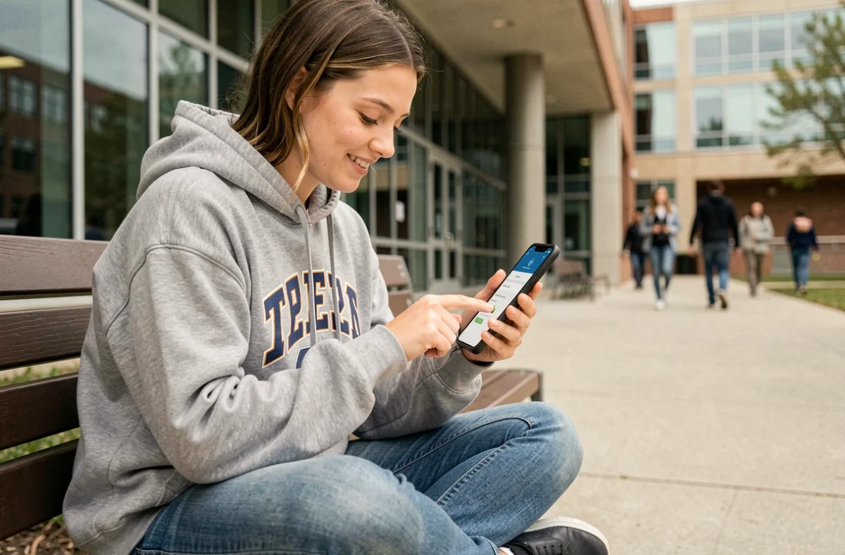 Étudiante connectée au portail MyCampus sur son smartphone en extérieur sur un campus universitaire