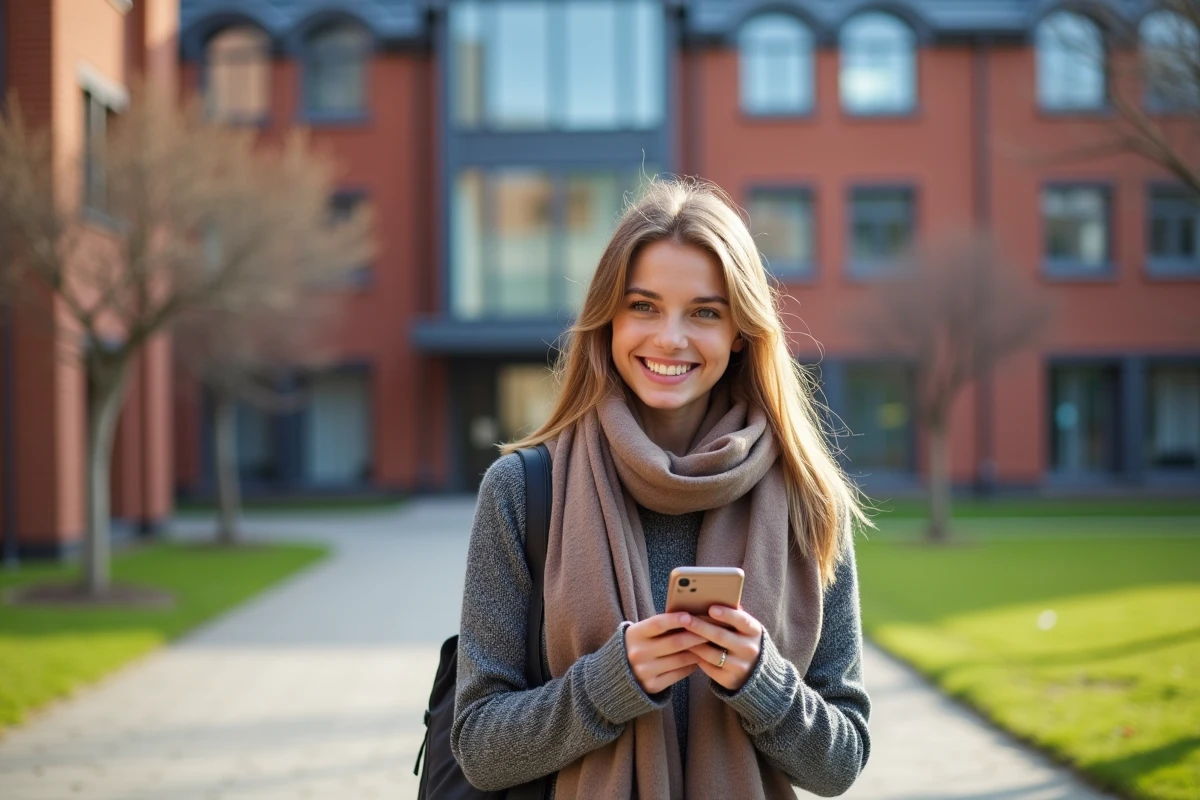 Étudiante dehors devant le bâtiment de l