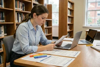 Étudiante préparant son dossier SCEI pour les concours d'écoles d'ingénieurs dans une bibliothèque universitaire