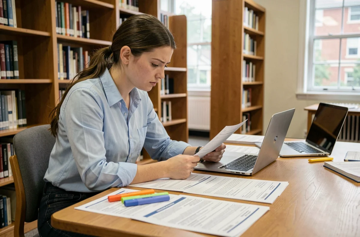 Étudiante préparant son dossier SCEI pour les concours d'écoles d'ingénieurs dans une bibliothèque universitaire