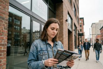 Jeune femme tenant un appareil photo argentique devant l'entrée d'une école d'audiovisuel, consultant des brochures d'admission alternatives à Parcoursup